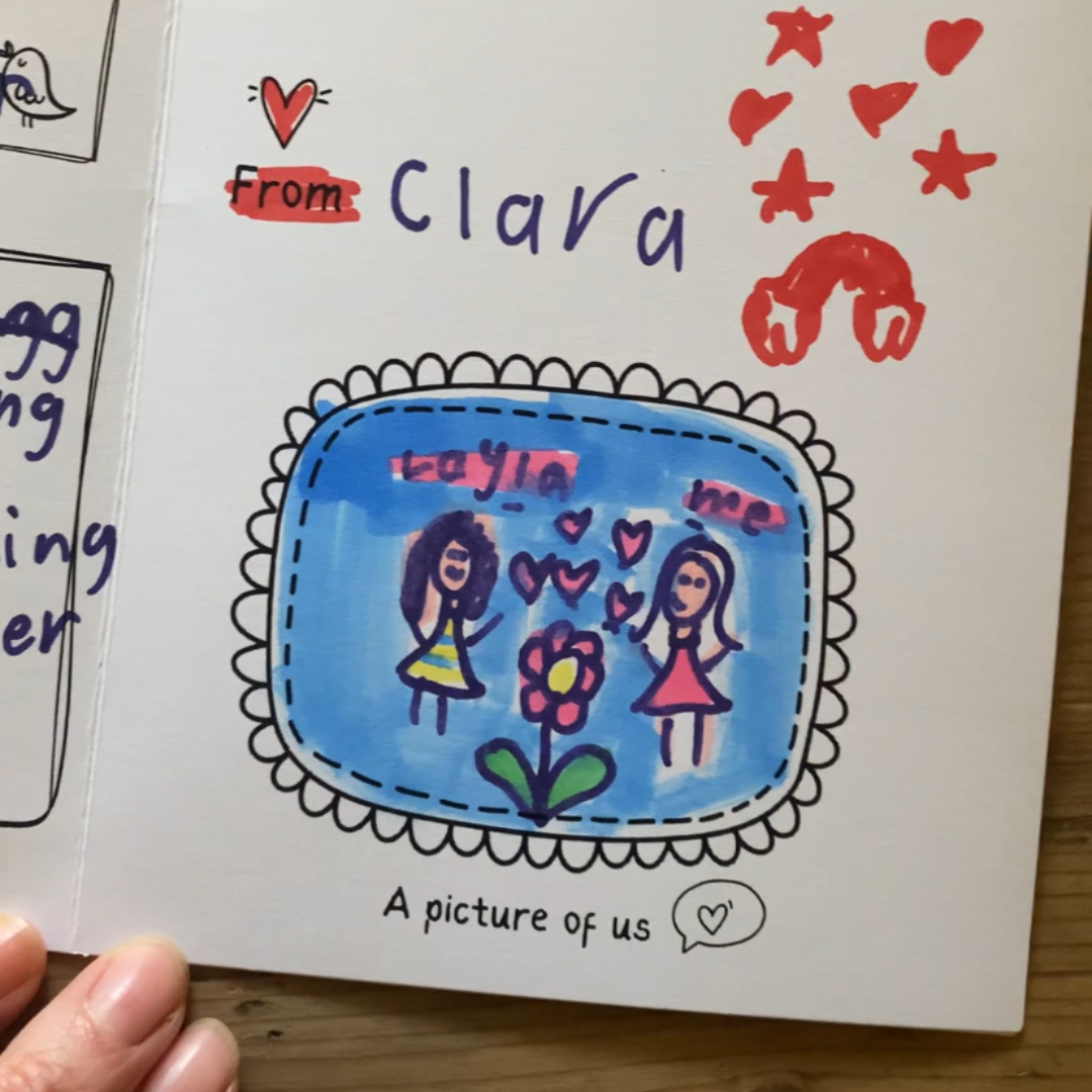 An example of a portrait completed by a child for her friend in our birthday message cards